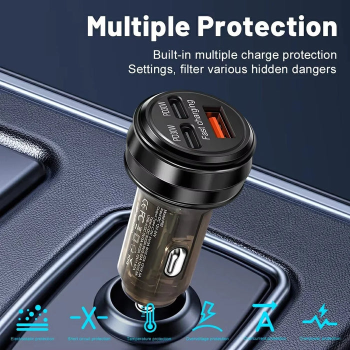 80W Car Charger 3 Ports USB + PD Type C Fast Charging Portable Cigarette Lighter Adapter - Black - 3