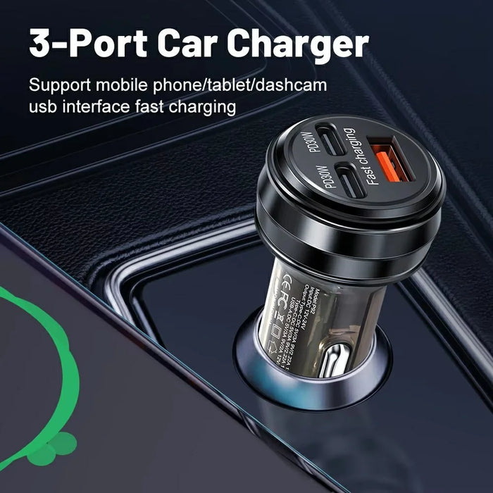 80W Car Charger 3 Ports USB + PD Type C Fast Charging Portable Cigarette Lighter Adapter - Black - 5