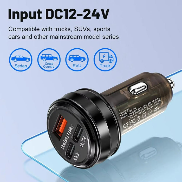 80W Car Charger 3 Ports USB + PD Type C Fast Charging Portable Cigarette Lighter Adapter - Black - 6
