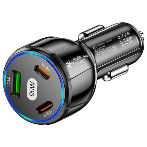 3 Port Car Charger QC3.0 USB + PD 30W USB C Fast Charging Adapter for iPhone Samsung Xiaomi - Black - 1