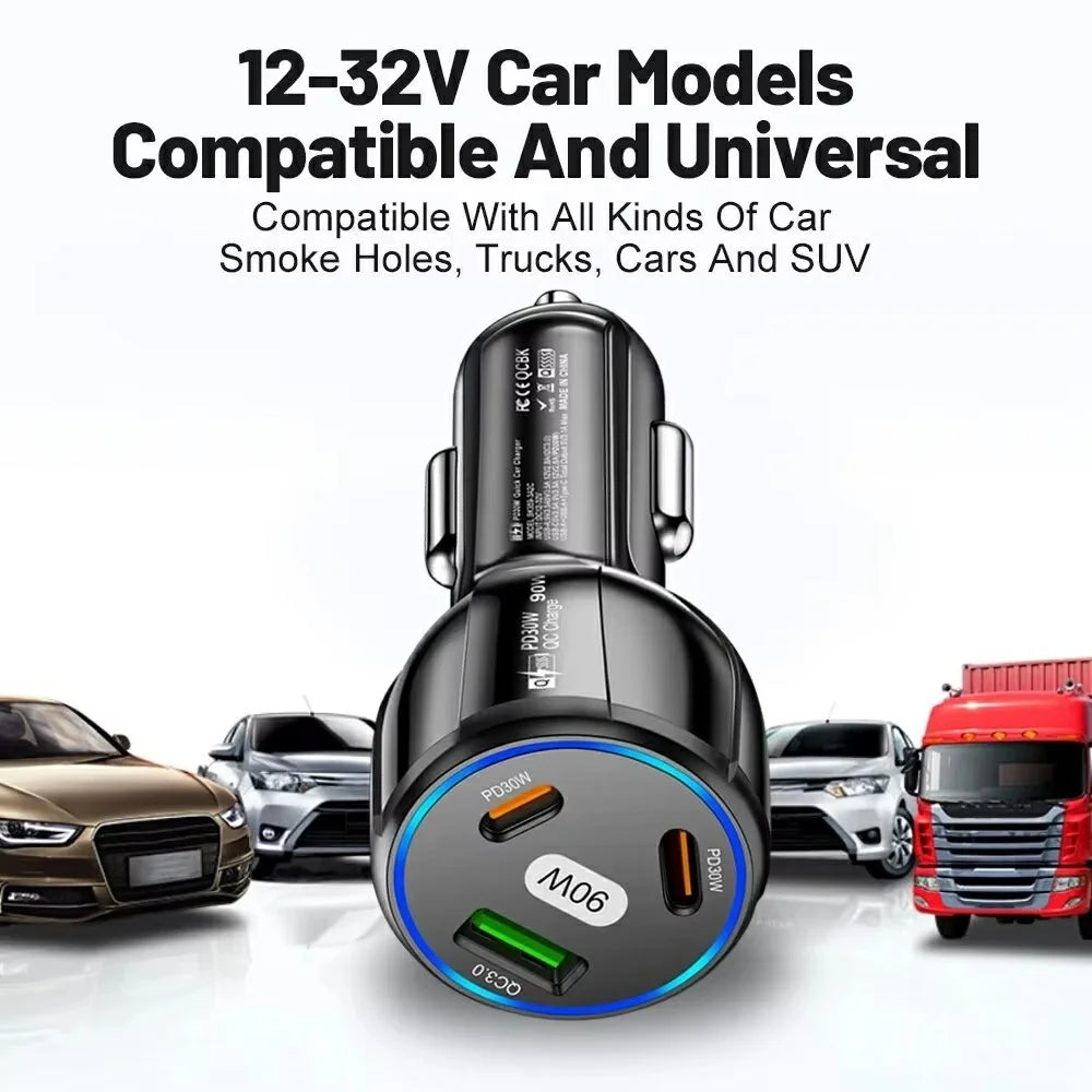 3 Port Car Charger QC3.0 USB + PD 30W USB C Fast Charging Adapter for iPhone Samsung Xiaomi - Black - 2