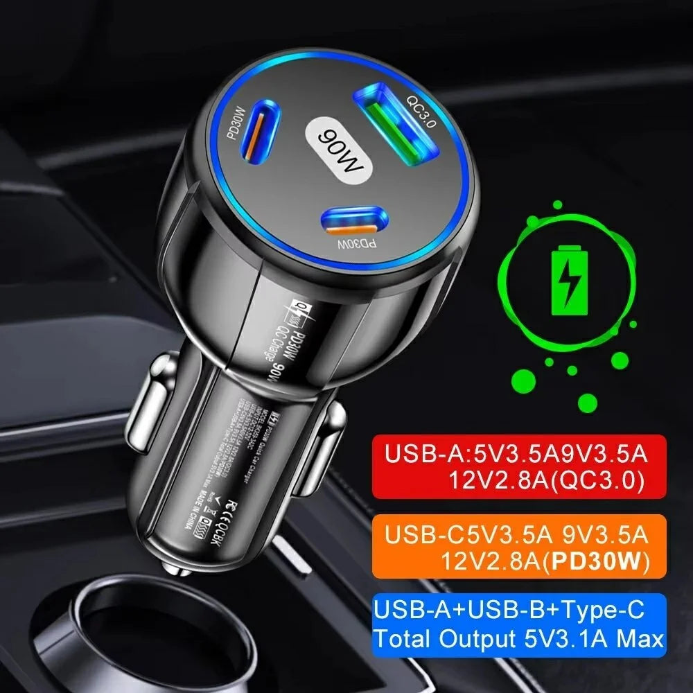 3 Port Car Charger QC3.0 USB + PD 30W USB C Fast Charging Adapter for iPhone Samsung Xiaomi - Black - 3