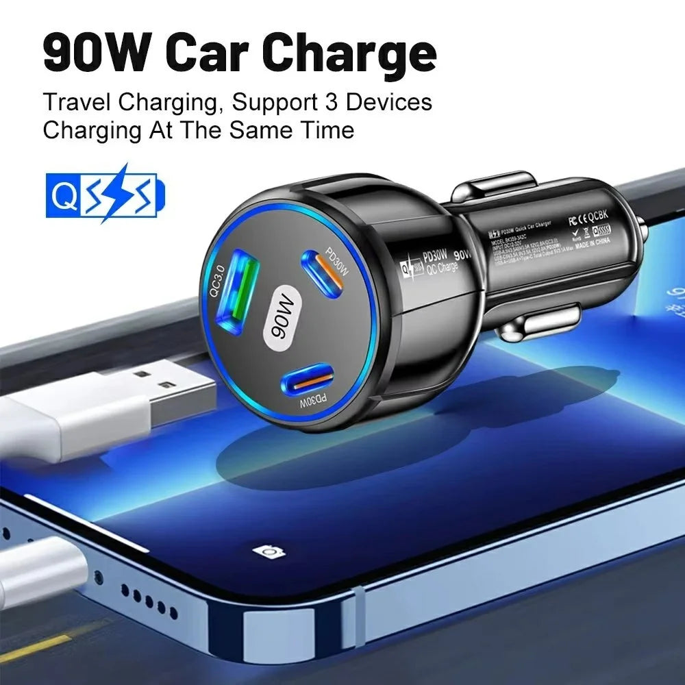 3 Port Car Charger QC3.0 USB + PD 30W USB C Fast Charging Adapter for iPhone Samsung Xiaomi - Black - 4