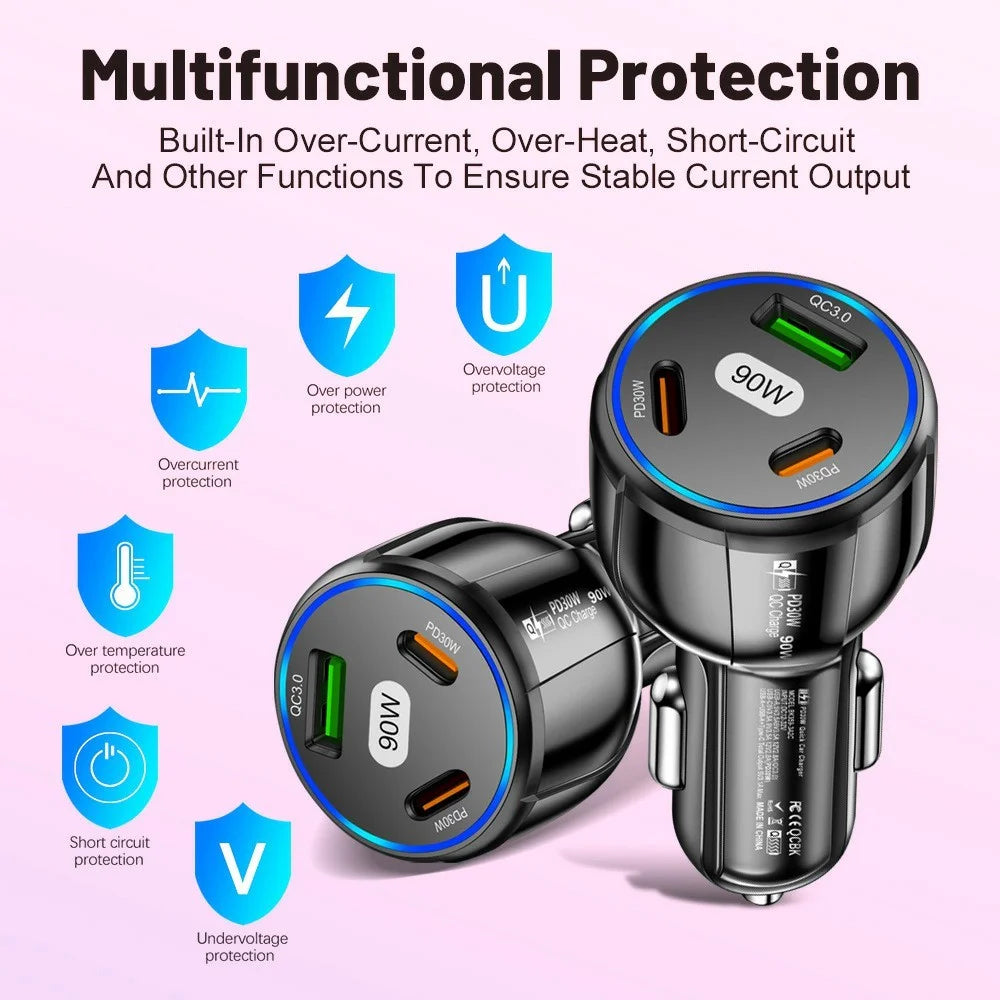 3 Port Car Charger QC3.0 USB + PD 30W USB C Fast Charging Adapter for iPhone Samsung Xiaomi - Black - 5