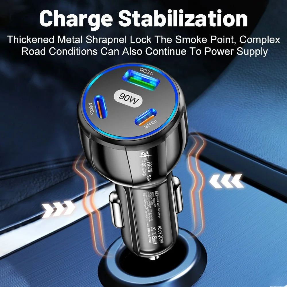 3 Port Car Charger QC3.0 USB + PD 30W USB C Fast Charging Adapter for iPhone Samsung Xiaomi - Black - 6