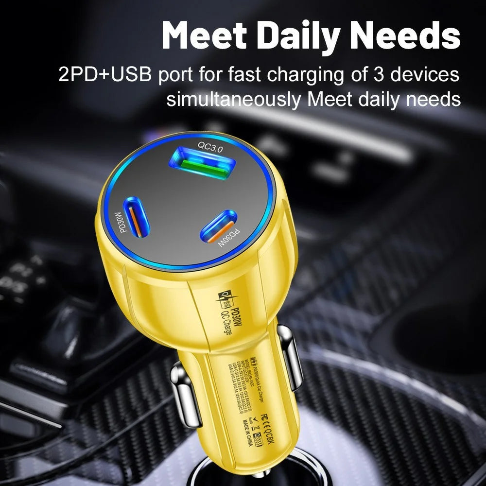 3 Port Car Charger QC3.0 USB + PD 30W USB C Fast Charging Adapter for iPhone Samsung Xiaomi - Black - 7
