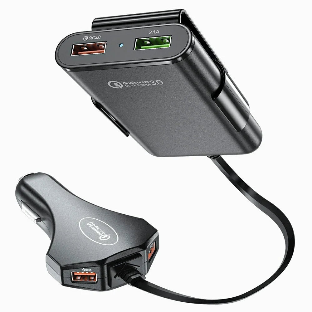 4 USB Ports Car Charger 3.1A QC3.0 Fast Charging Adapter with 5.6ft Cable for Front and Rear Seat Passengers - Black - 2