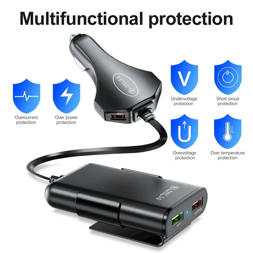 4 USB Ports Car Charger 3.1A QC3.0 Fast Charging Adapter with 5.6ft Cable for Front and Rear Seat Passengers - Black - 3