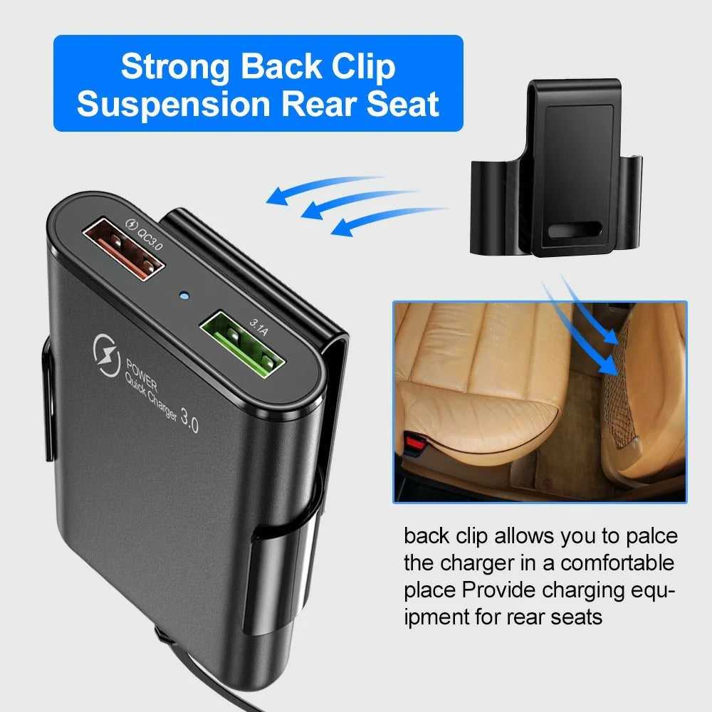 4 USB Ports Car Charger 3.1A QC3.0 Fast Charging Adapter with 5.6ft Cable for Front and Rear Seat Passengers - Black - 4