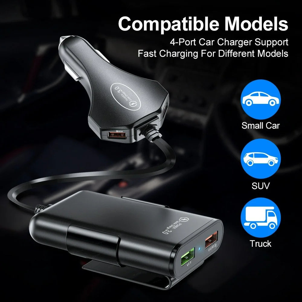4 USB Ports Car Charger 3.1A QC3.0 Fast Charging Adapter with 5.6ft Cable for Front and Rear Seat Passengers - Black - 5