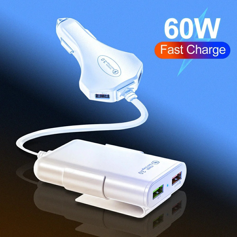 4 USB Ports Car Charger 3.1A QC3.0 Fast Charging Adapter with 5.6ft Cable for Front and Rear Seat Passengers - Black - 7