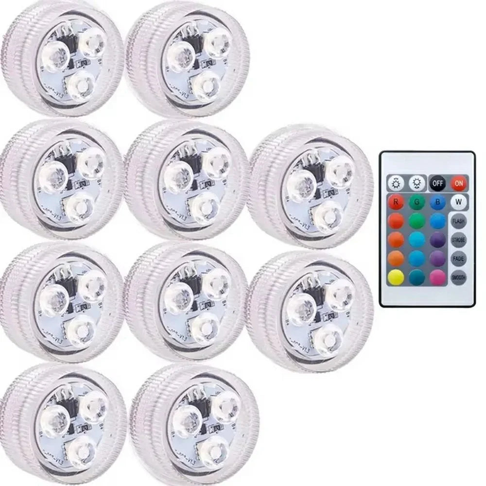 10Pcs RGB LED Underwater Light 16 Colors Fish Tank Decorative Light IP68 Waterproof Submersible Pool Lamp with Remote - 1