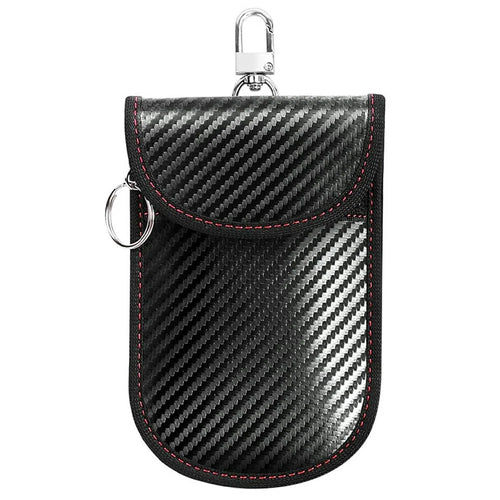 Anti Theft RFID Shielding Key Fob Protector Carbon Fiber Texture PU Leather Car Key Signal Blocking Pouch with Hook - Red Line - 1