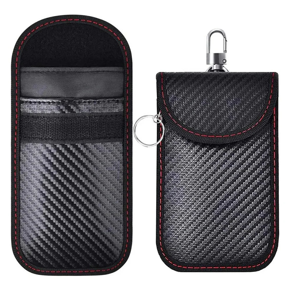 Anti Theft RFID Shielding Key Fob Protector Carbon Fiber Texture PU Leather Car Key Signal Blocking Pouch with Hook - Red Line - 2