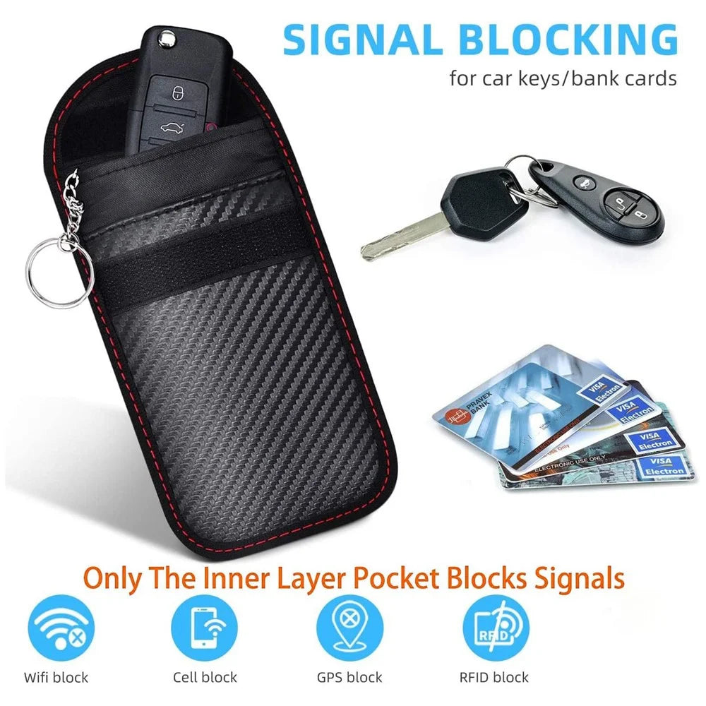 Anti Theft RFID Shielding Key Fob Protector Carbon Fiber Texture PU Leather Car Key Signal Blocking Pouch with Hook - Red Line - 3