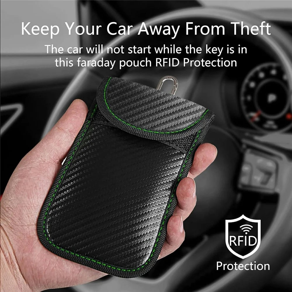 Anti Theft RFID Shielding Key Fob Protector Carbon Fiber Texture PU Leather Car Key Signal Blocking Pouch with Hook - Red Line - 4