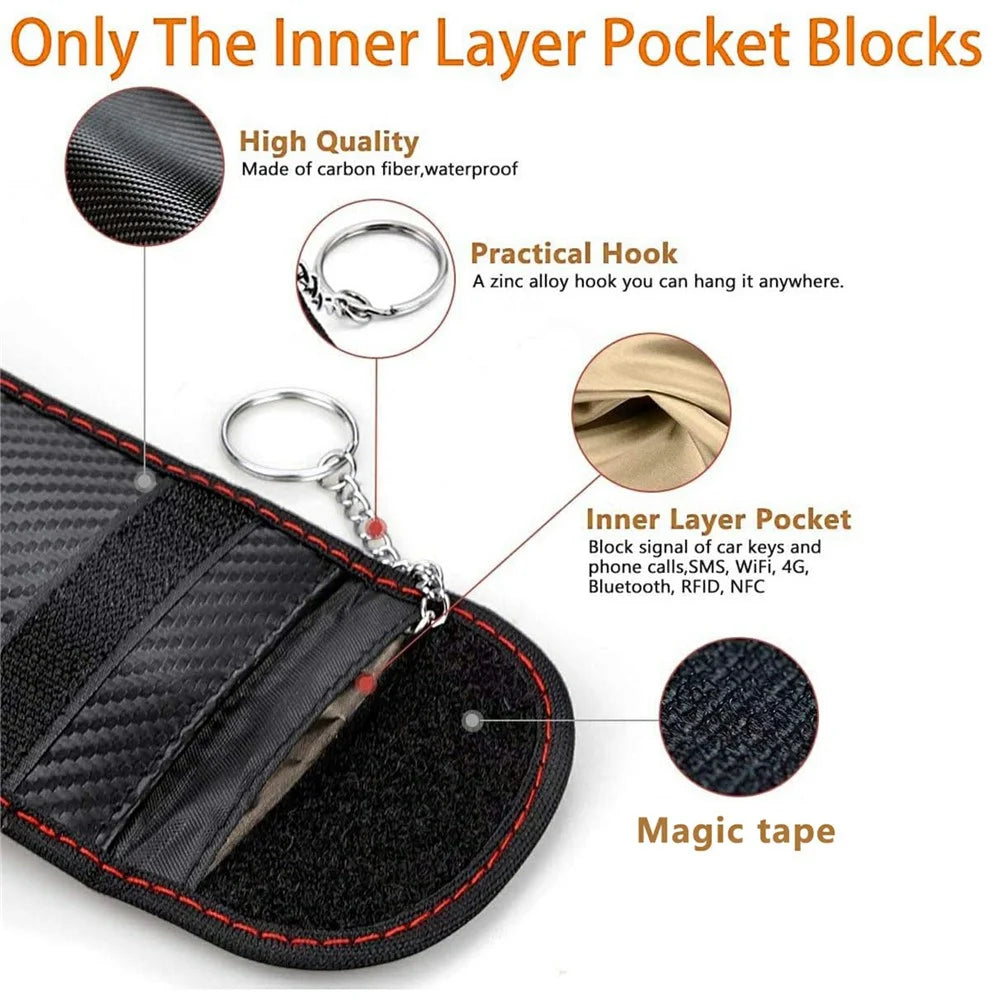 Anti Theft RFID Shielding Key Fob Protector Carbon Fiber Texture PU Leather Car Key Signal Blocking Pouch with Hook - Red Line - 5