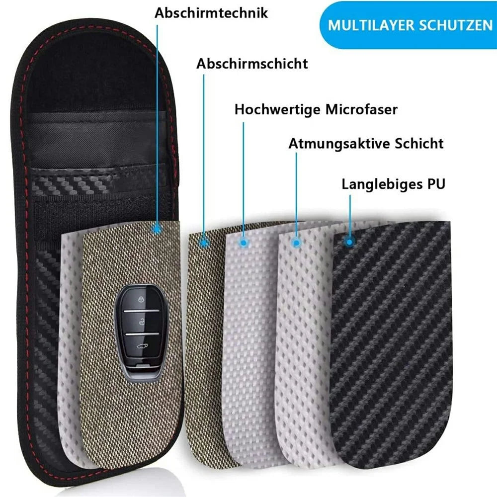 Anti Theft RFID Shielding Key Fob Protector Carbon Fiber Texture PU Leather Car Key Signal Blocking Pouch with Hook - Red Line - 6