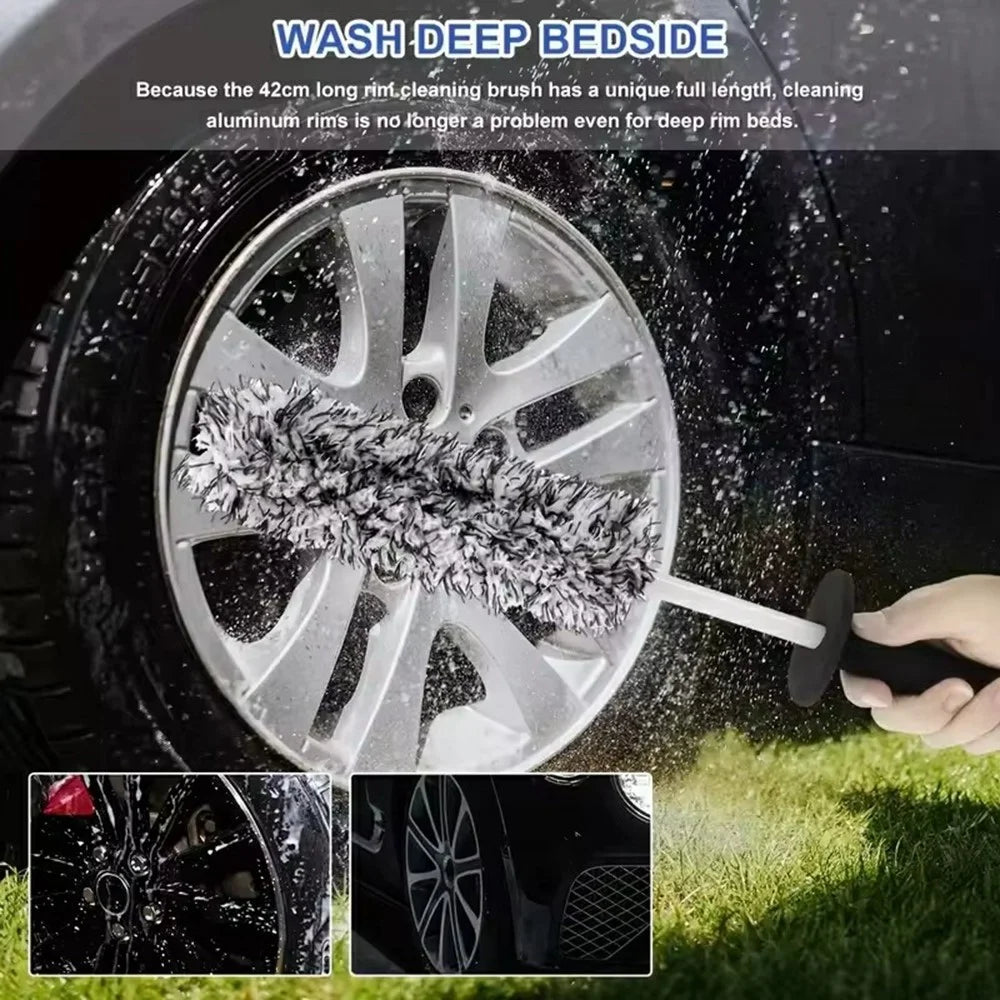Wheel Rim Cleaning Brush Automobile Tire Hub Ultra-fine Microfiber Cleaner Tool with Spacer Plate - Black White - 6