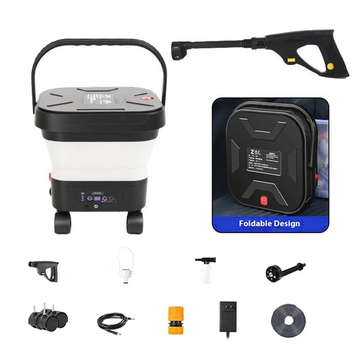 LCD Display Folding Car Wash Water Tank Portable High Pressure Car Washer with Bucket, EU Plug - White - 1