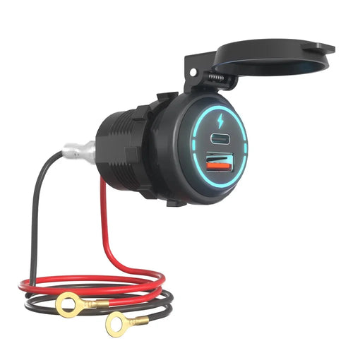 USB + Type C Dual Port Fast Car Charger with Spring Cover Waterproof Charging Adapter for Motorcycle - 1