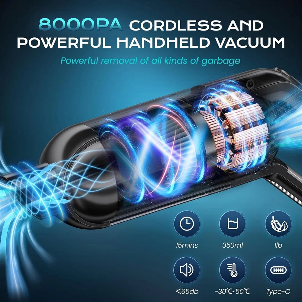 Handheld Car Vacuum Cleaner 8kPa Powerful Suction Low Noise Cordless Dust Blower with LED Light - Black - 4