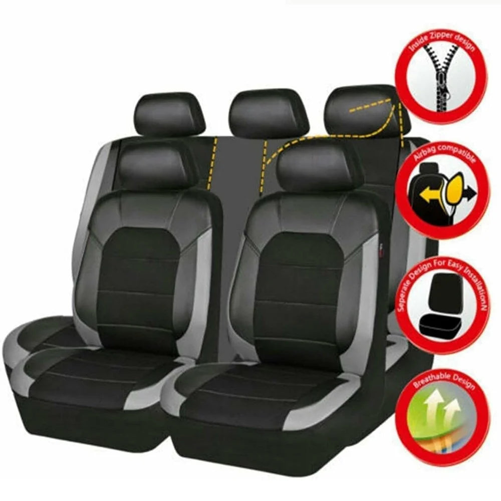 9Pcs Car Seat Covers Full Set Automotive Front Back Seat Bench Protectors - Grey - 3