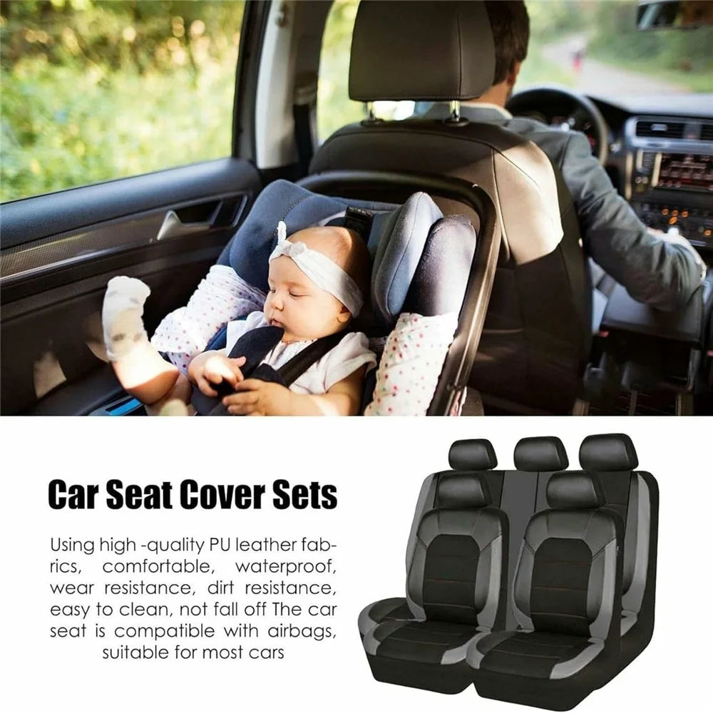 9Pcs Car Seat Covers Full Set Automotive Front Back Seat Bench Protectors - Grey - 6