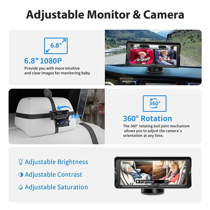 6.8 Inch Car Baby Monitor 360 Degree Rotation Dual Camera 8 LEDs Full Color HD Infrared Night Vision Cam - 5