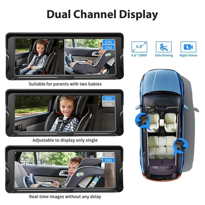 6.8 Inch Car Baby Monitor 360 Degree Rotation Dual Camera 8 LEDs Full Color HD Infrared Night Vision Cam - 6