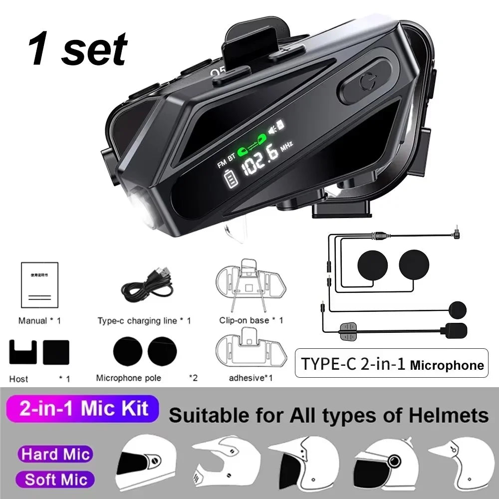 C6 Motorcycle Helmet Bluetooth-Compatible Headset with LCD Screen  /  FM Radio  /  Noise Cancellation  /  Voice Assistant, Hard Mic - Black - 6