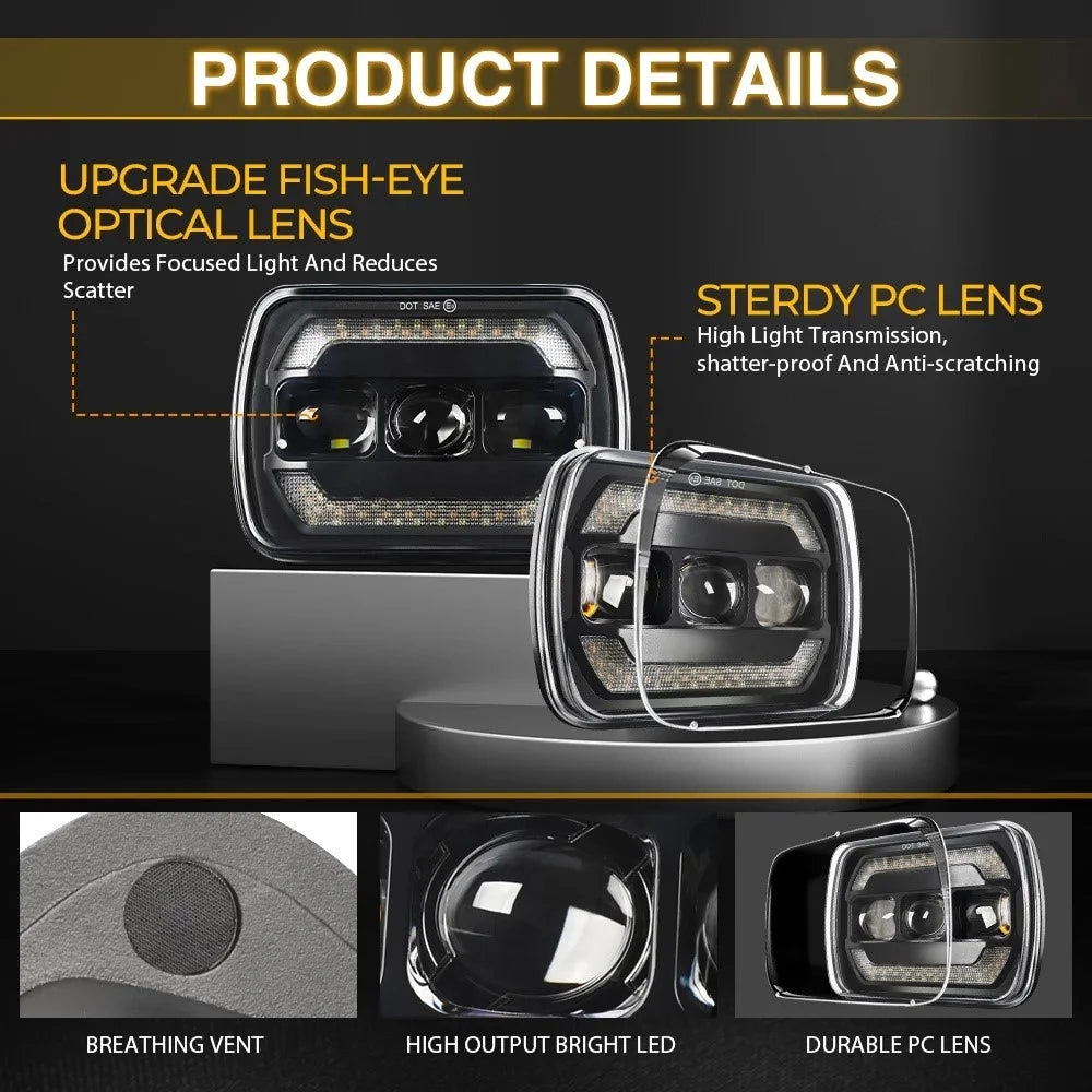 7 Inch Square LED Headlight Assembly Upgrade for Wrangler DRL Integrated Headlamp - 5