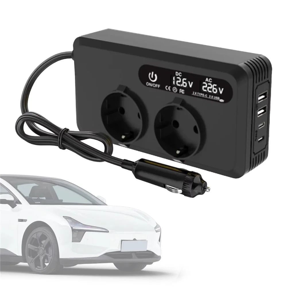 200W 12V DC to 220V AC Car Power Inverter with USB and Type-C Ports European Standard Socket Converter - 1