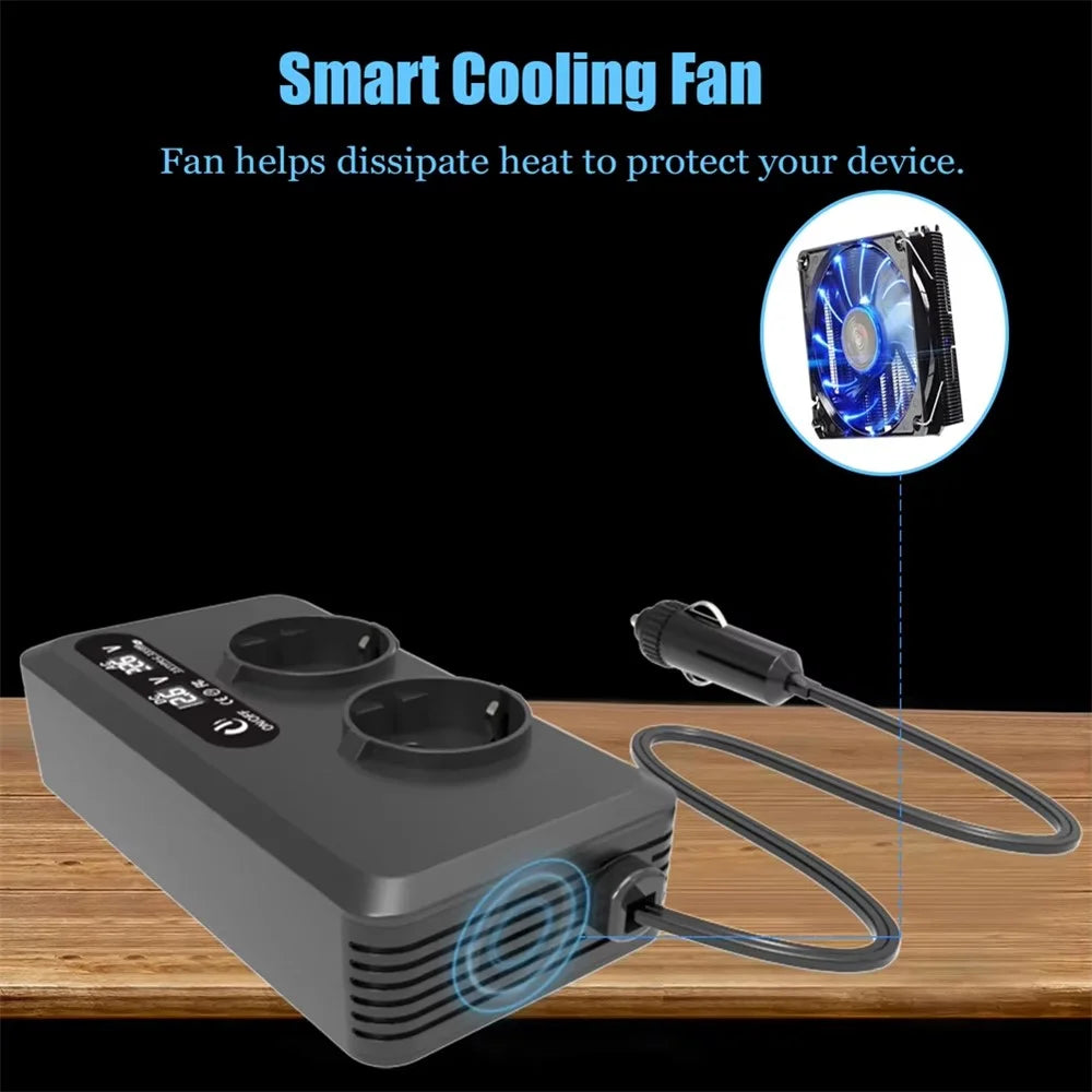 200W 12V DC to 220V AC Car Power Inverter with USB and Type-C Ports European Standard Socket Converter - 2