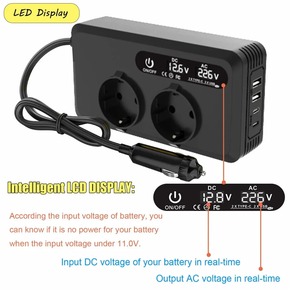 200W 12V DC to 220V AC Car Power Inverter with USB and Type-C Ports European Standard Socket Converter - 3