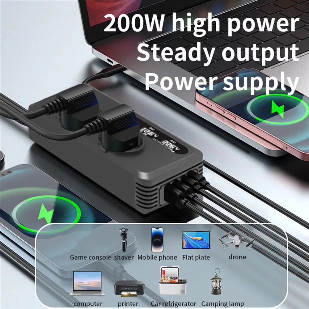 200W 12V DC to 220V AC Car Power Inverter with USB and Type-C Ports European Standard Socket Converter - 4