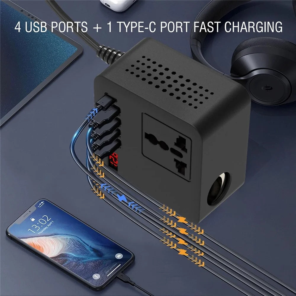 Digital Display Car Power Inverter DC 12V / 24V to AC 110V / 220V Multifunction Converter Charger with USB C + USB A + AC Outlet - 2