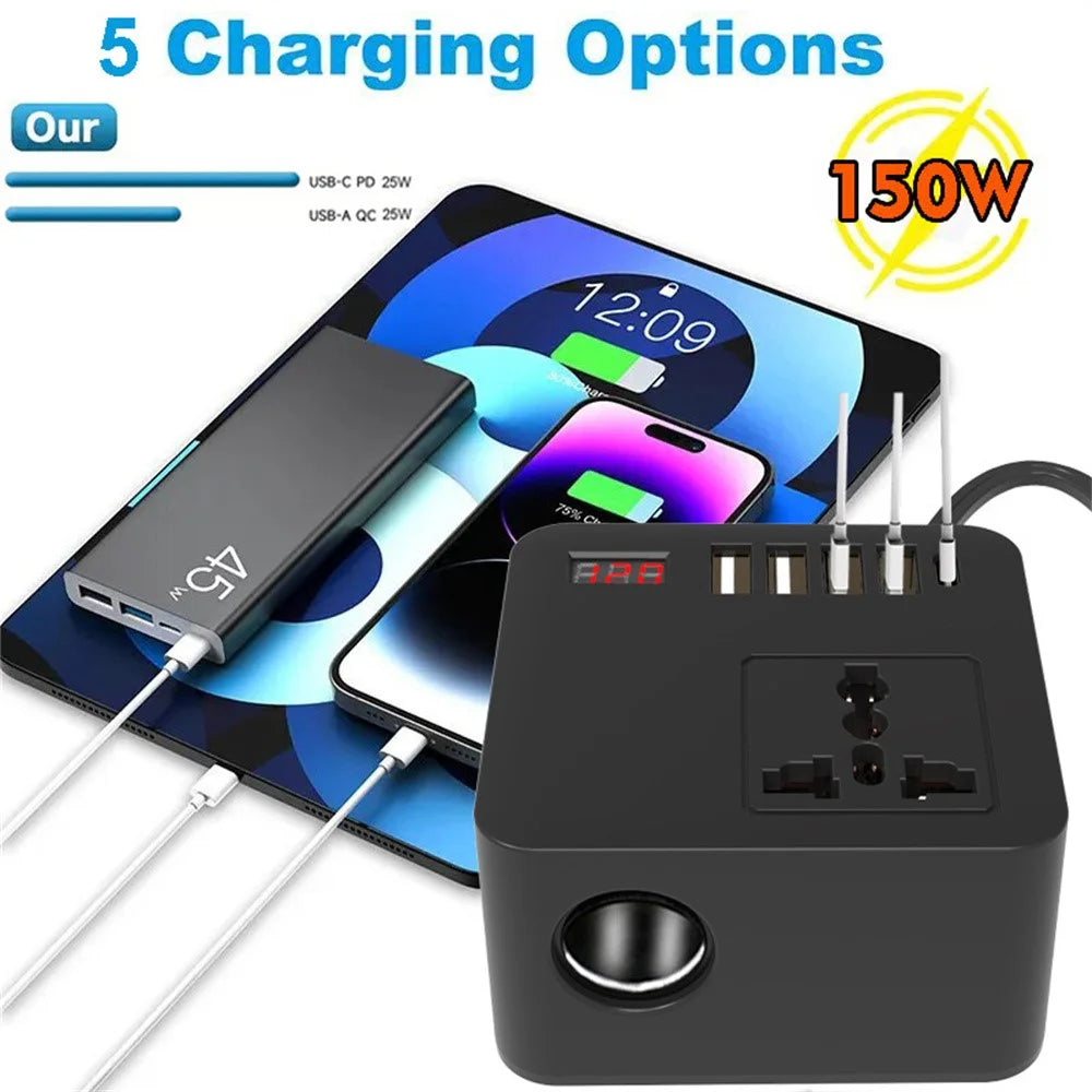Digital Display Car Power Inverter DC 12V / 24V to AC 110V / 220V Multifunction Converter Charger with USB C + USB A + AC Outlet - 5