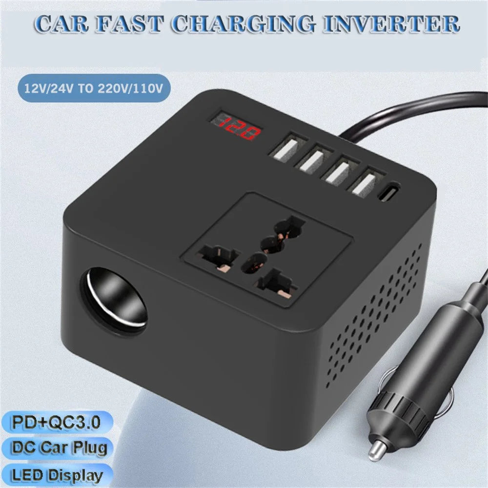 Digital Display Car Power Inverter DC 12V / 24V to AC 110V / 220V Multifunction Converter Charger with USB C + USB A + AC Outlet - 7