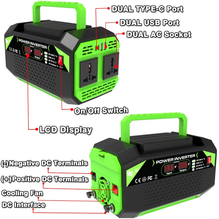 300W 12V DC to 220V AC Car Power Inverter with AC Outlet 2 USB + 2 Type-C Fast Charger for Laptop Tablet - 6