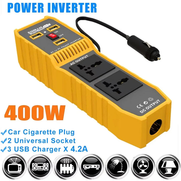 12V DC to 220V AC 400W Car Power Inverter Portable 3 USB Ports + 2 AC Outlets Converter - 2