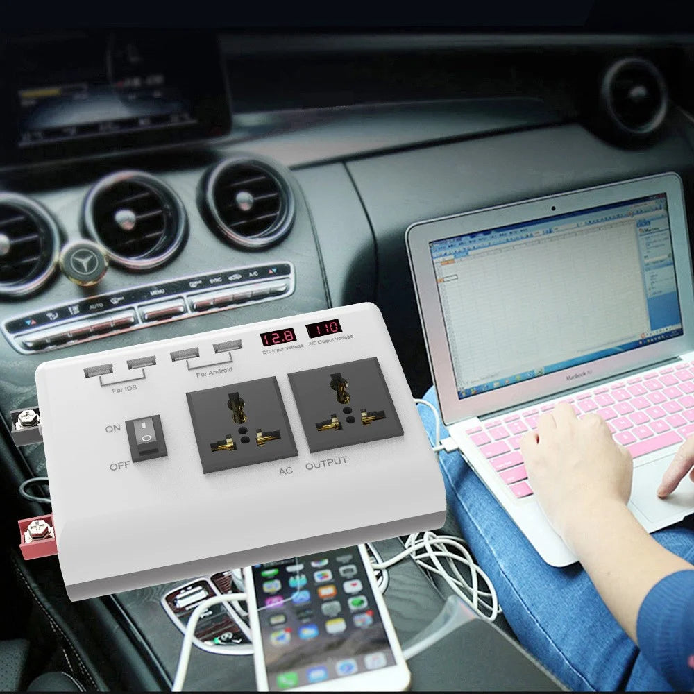 300W DC 12V to AC 220V Car Power Inverter with 4 USB Ports + 2 AC Outlets LCD Display Voltage Converter - 3