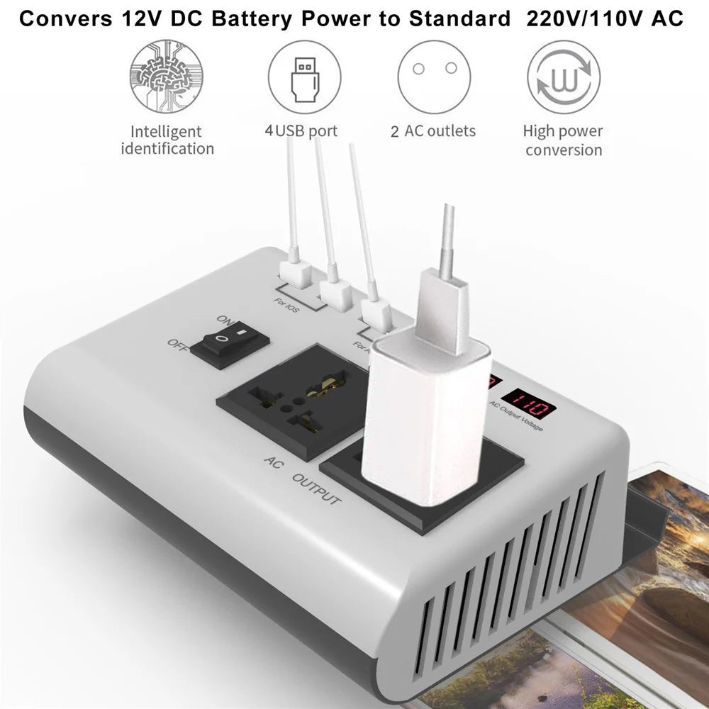 300W DC 12V to AC 220V Car Power Inverter with 4 USB Ports + 2 AC Outlets LCD Display Voltage Converter - 5