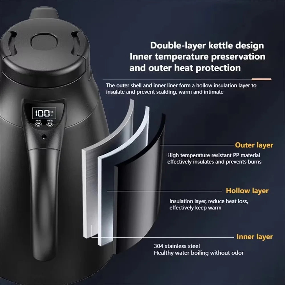 1200ml Electric Kettle for 12V / 24V Car Smart Temperature Control Dual Layer Stainless Steel Water Heater Pot (BPA Free, No FDA) - 2