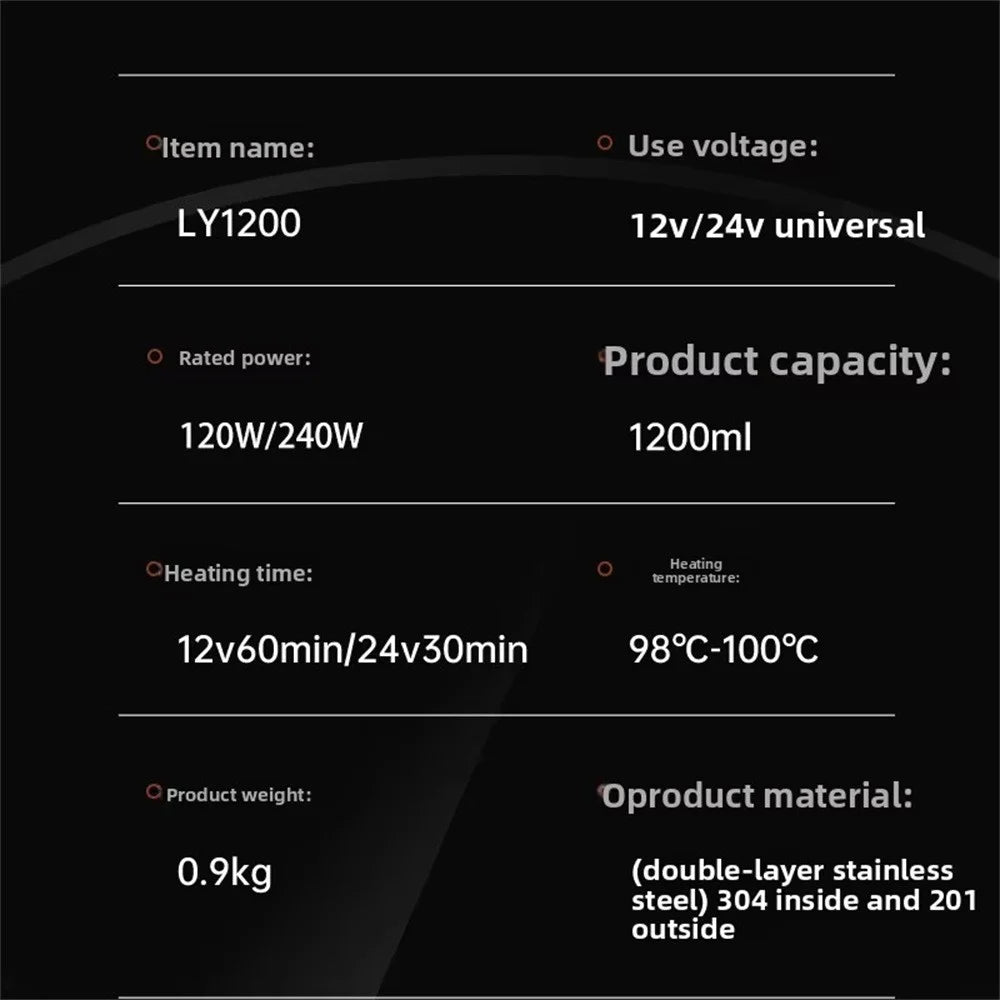 1200ml Electric Kettle for 12V / 24V Car Smart Temperature Control Dual Layer Stainless Steel Water Heater Pot (BPA Free, No FDA) - 7