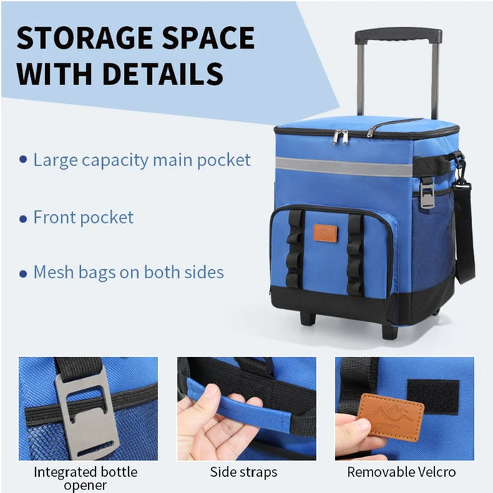 Wheeled Cooler Box 35L Large Capacity Oxford Fabric Insulated Rolling Trolley for Car Travel Outdoor - Dark Grey - 3
