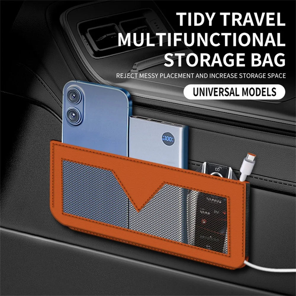 PU Leather Car Storage Bag Multi-Functional Mesh Pouch Adhesive Phone Holder for Vehicle Interior Organization - Orange - 2