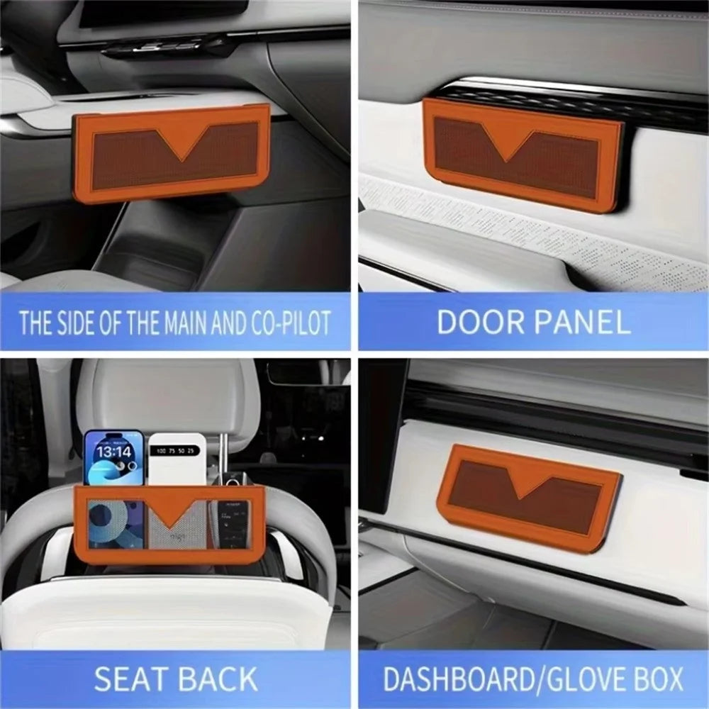 PU Leather Car Storage Bag Multi-Functional Mesh Pouch Adhesive Phone Holder for Vehicle Interior Organization - Orange - 4
