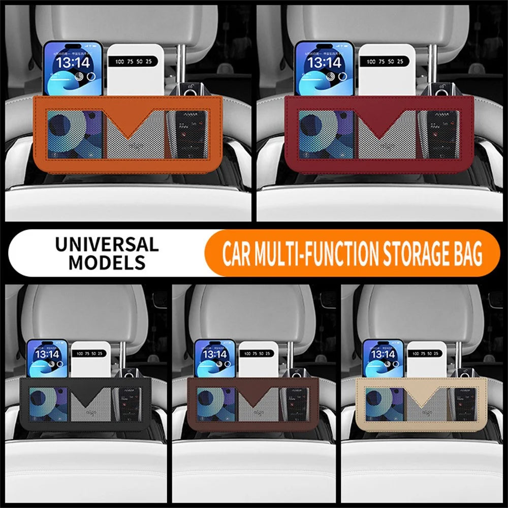 PU Leather Car Storage Bag Multi-Functional Mesh Pouch Adhesive Phone Holder for Vehicle Interior Organization - Orange - 5