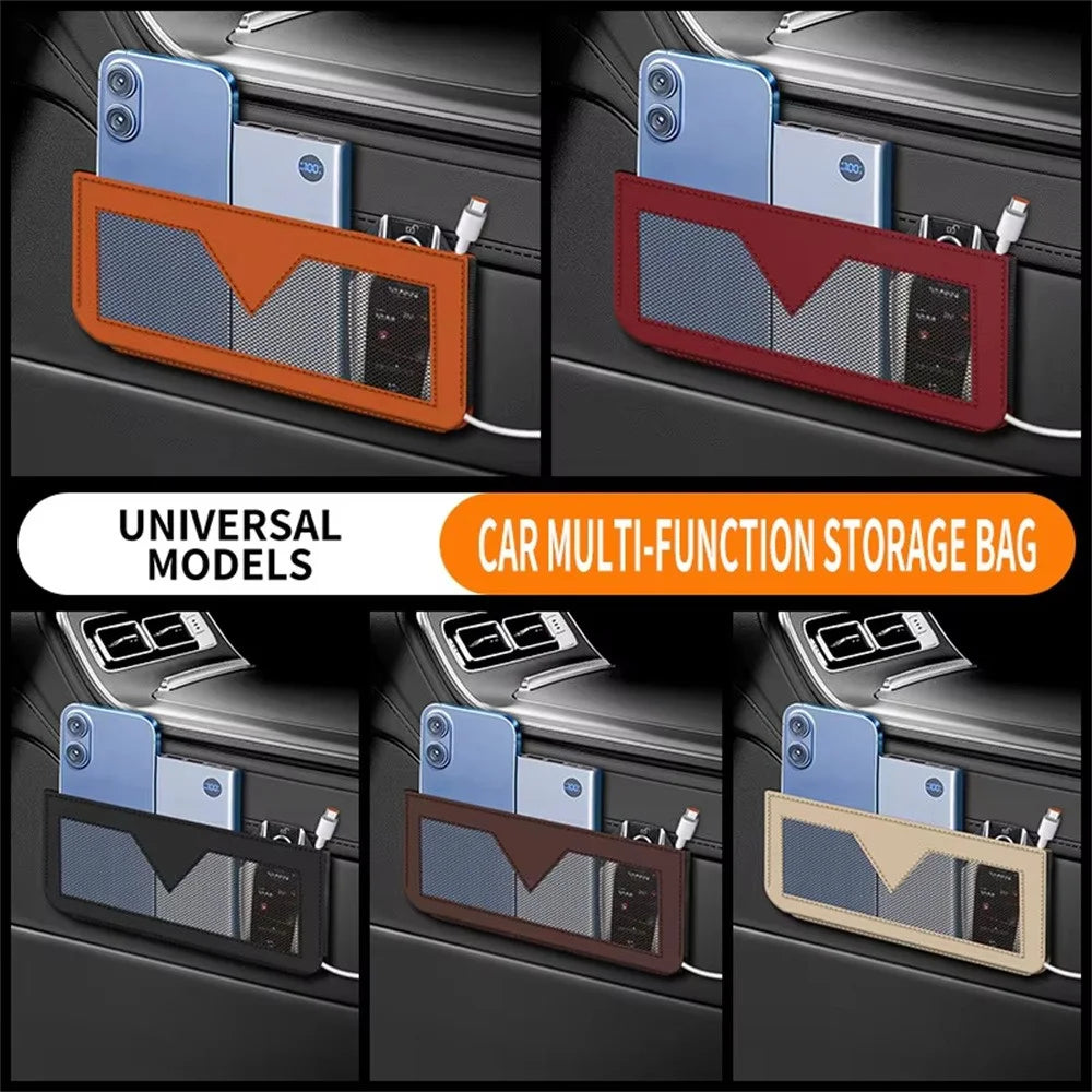 PU Leather Car Storage Bag Multi-Functional Mesh Pouch Adhesive Phone Holder for Vehicle Interior Organization - Orange - 6